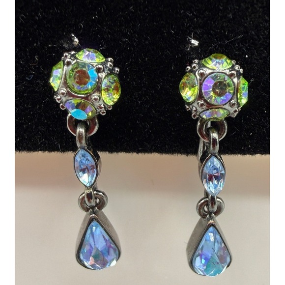 Givenchy Jewelry - Givenchy Vintage Iridescent Crystal Drop Screw Back Earrings Gunmetal Blue Green